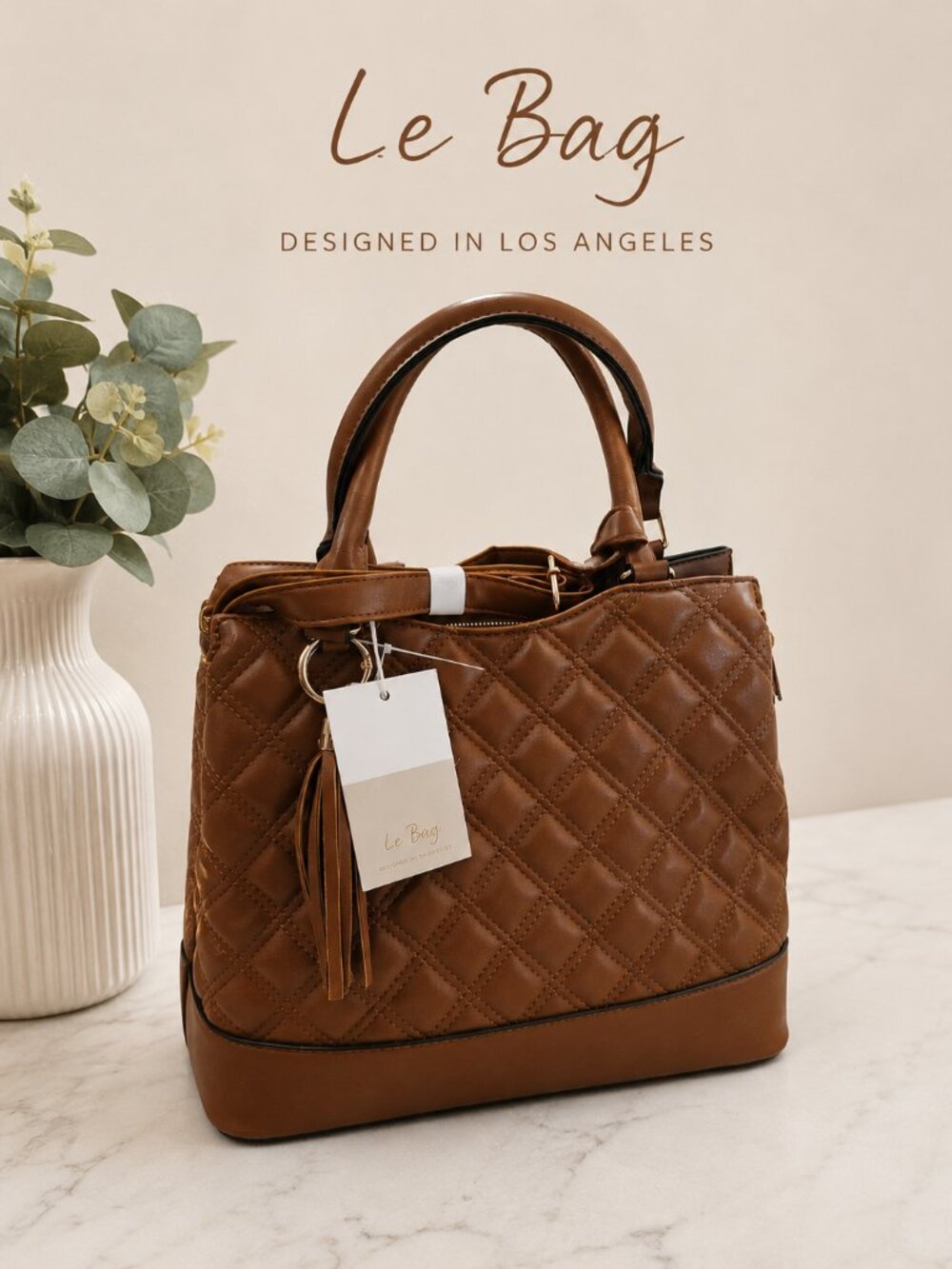Le Bag Los Angeles Quilted Satchel Cognac Brown Tassel Crossbody Handbag NEW